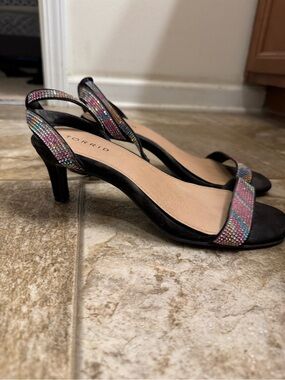 Torrid Rainbow Rhinestone Heels Black Ankle Strap Sandals Size 7WW